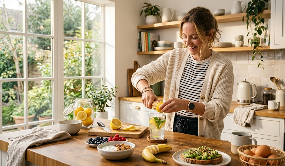 Zdravé ranné raňajky a citrónová voda v slnečnej kuchyni