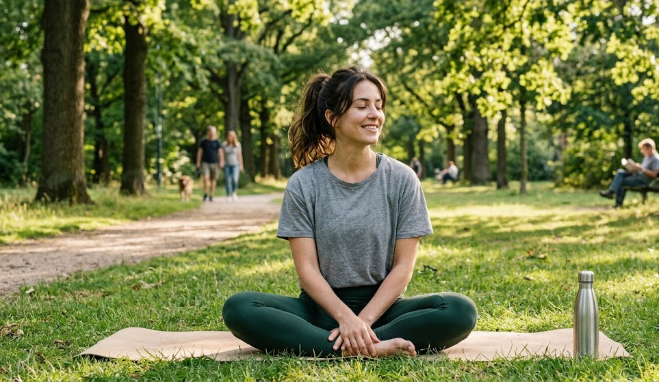 Žena sediaca pokojne v parku po ľahkom cvičení, prirodzené svetlo